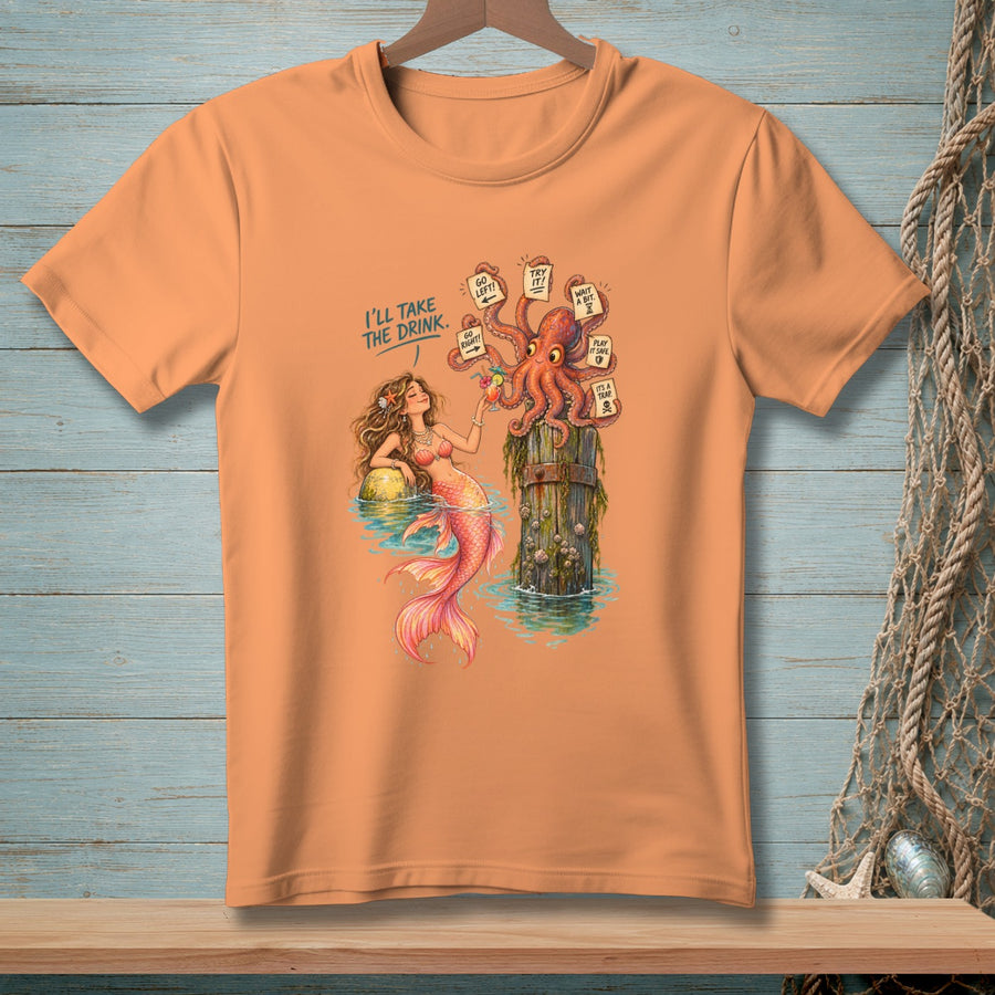 Mermaid with drink and octopus at a dock, text reads "I'll take the drink."