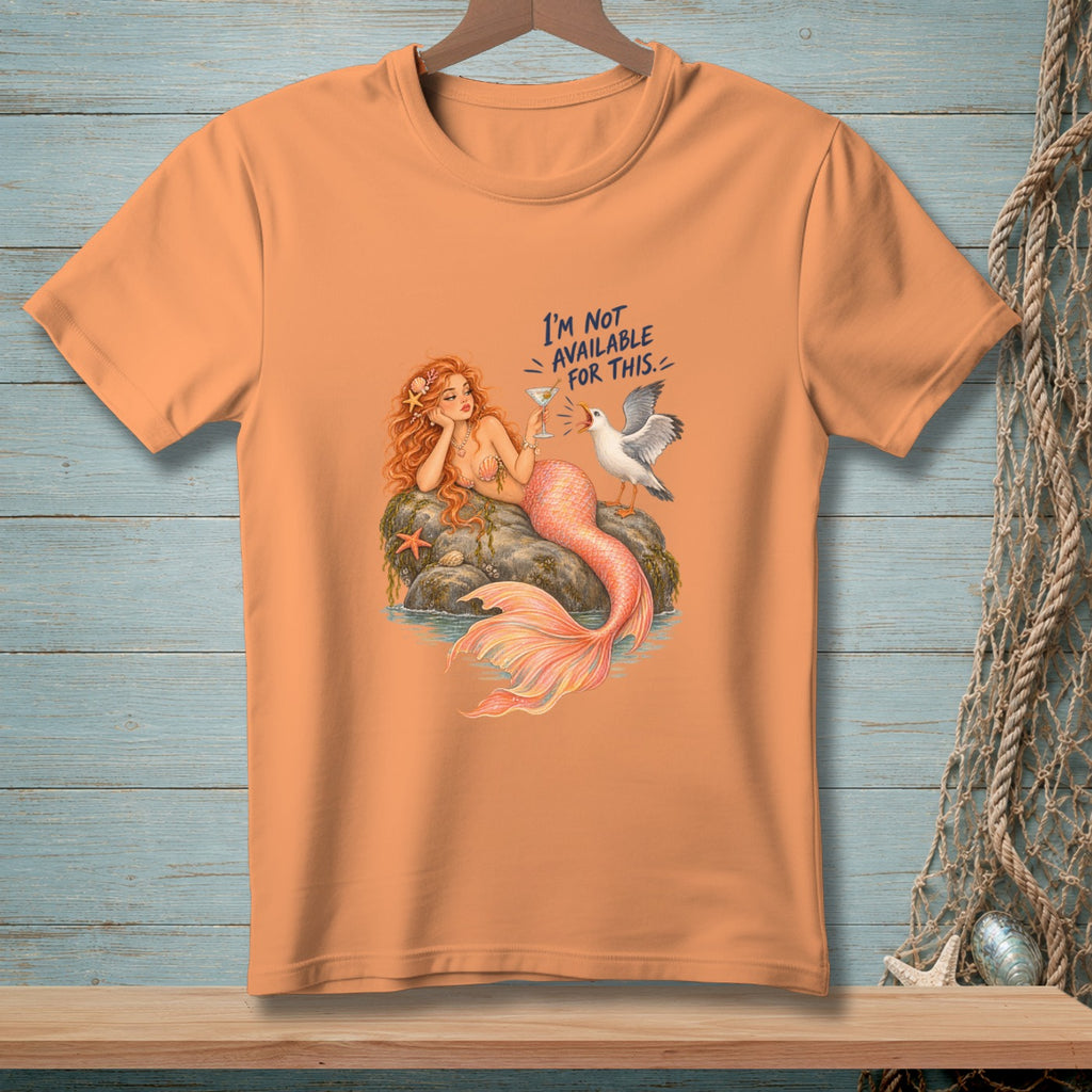 Mermaid on rock with martini and seagull, text "I'm not available for this."