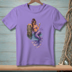 Purple t-shirt with illustration of a mermaid holding a martini and text "Sweet Enough".