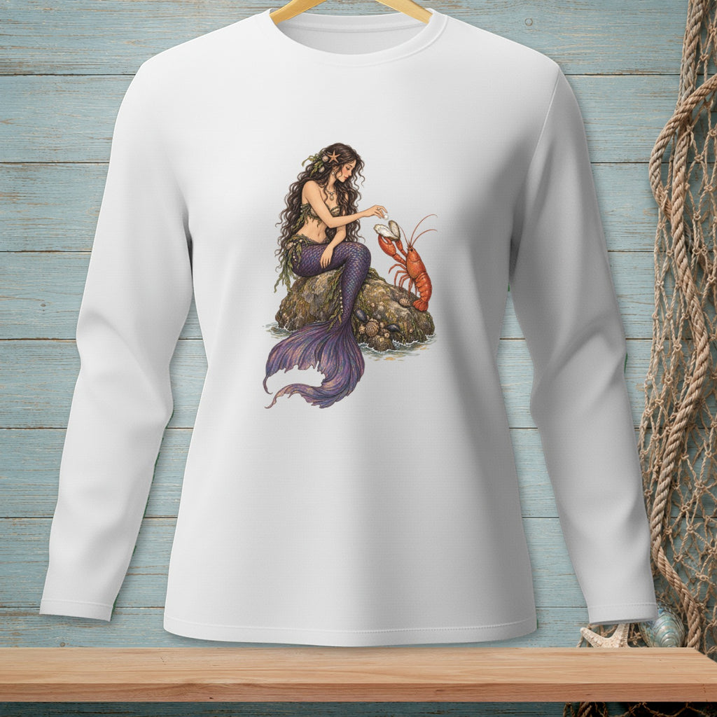 Mermaid with purple tail sits on rock with lobster and shell.