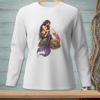 Mermaid with purple tail sits on rock with lobster and shell.