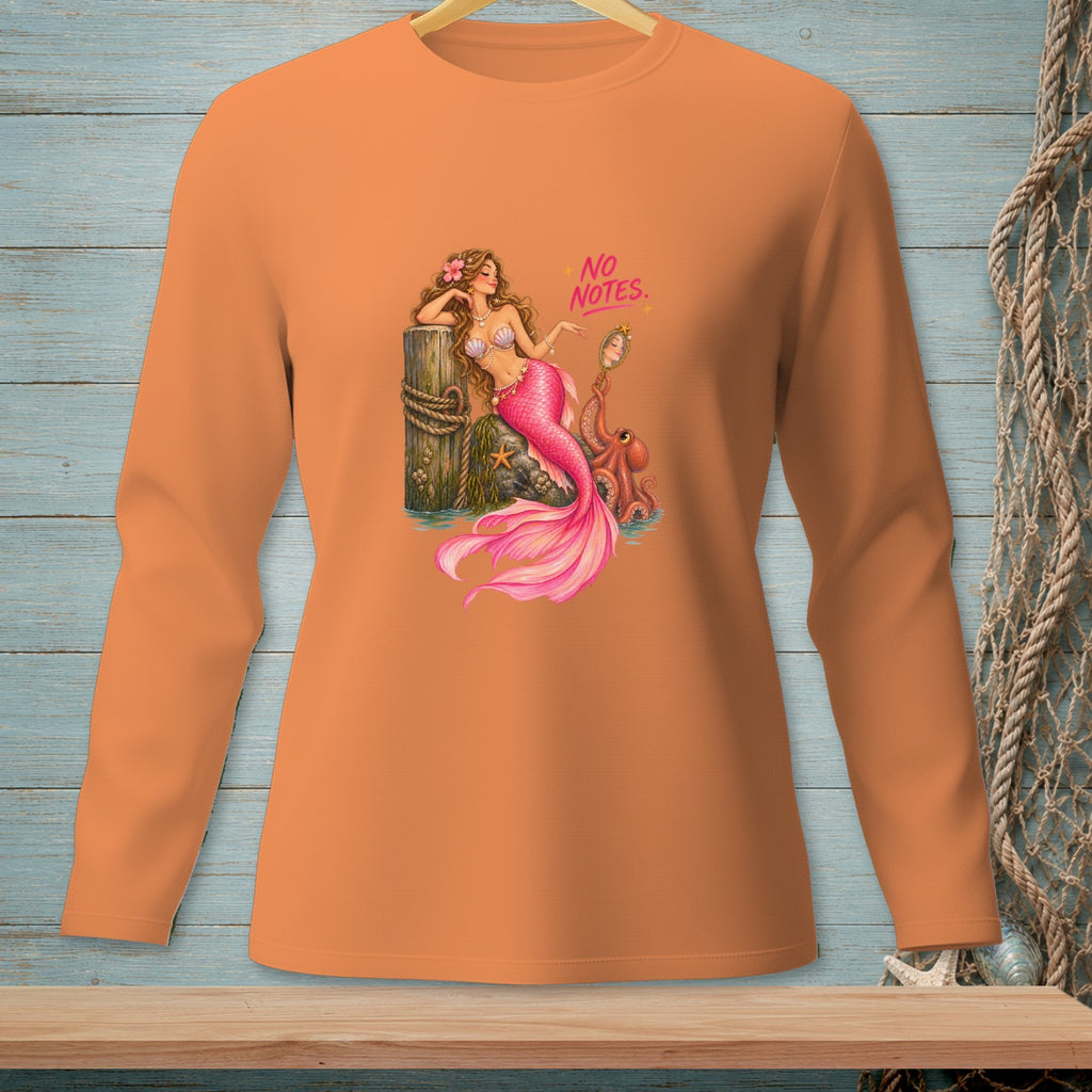 Orange long-sleeve shirt with a mermaid, octopus, and "NO NOTES" text graphic.