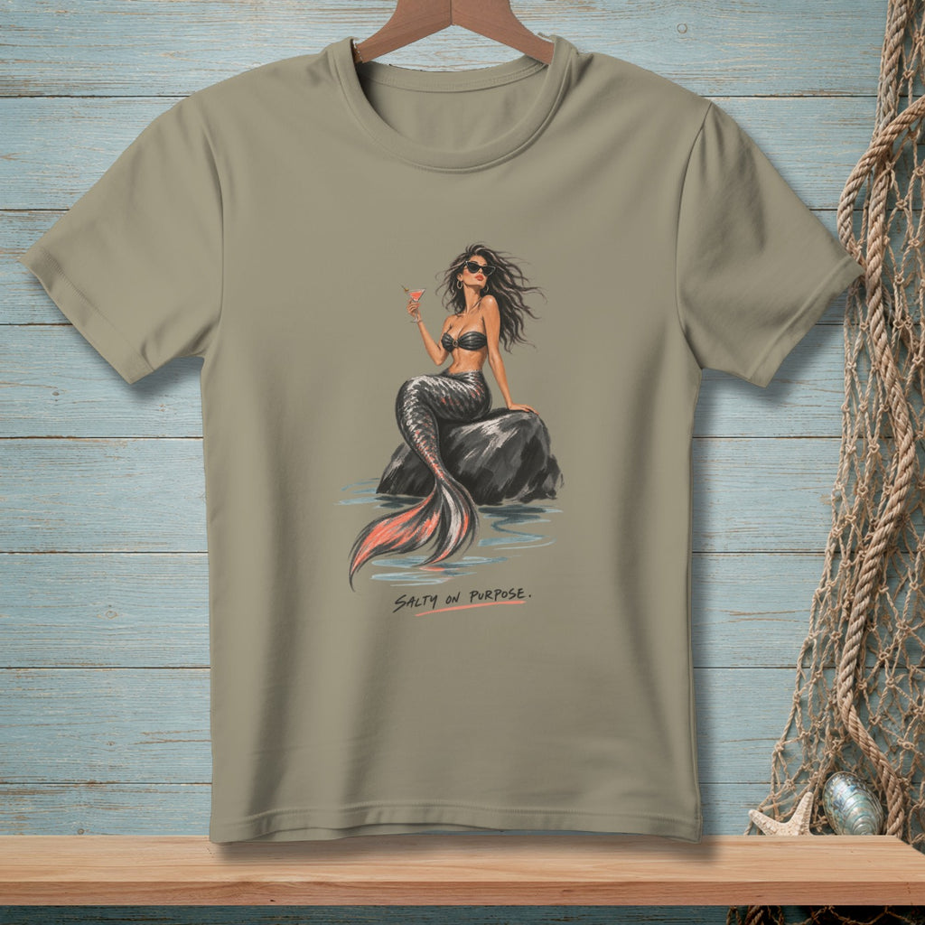 T-shirt with a mermaid holding a drink and the text "SALTY ON PURPOSE."