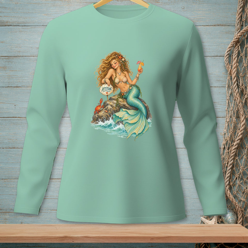 Mint long-sleeve shirt with a mermaid holding a drink and a sign reading "Attitude".