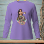 Purple long-sleeve shirt with a graphic of a mermaid and pufferfish.