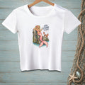 White t-shirt with mermaid, crab, and "Stay Crabby, My Friend" text graphic.