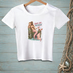 White t-shirt with a mermaid and crab graphic saying "BACK OFF, CRAB BREATH."