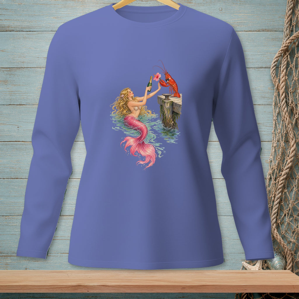 Mermaid with lobster and champagne bottle on a dock.