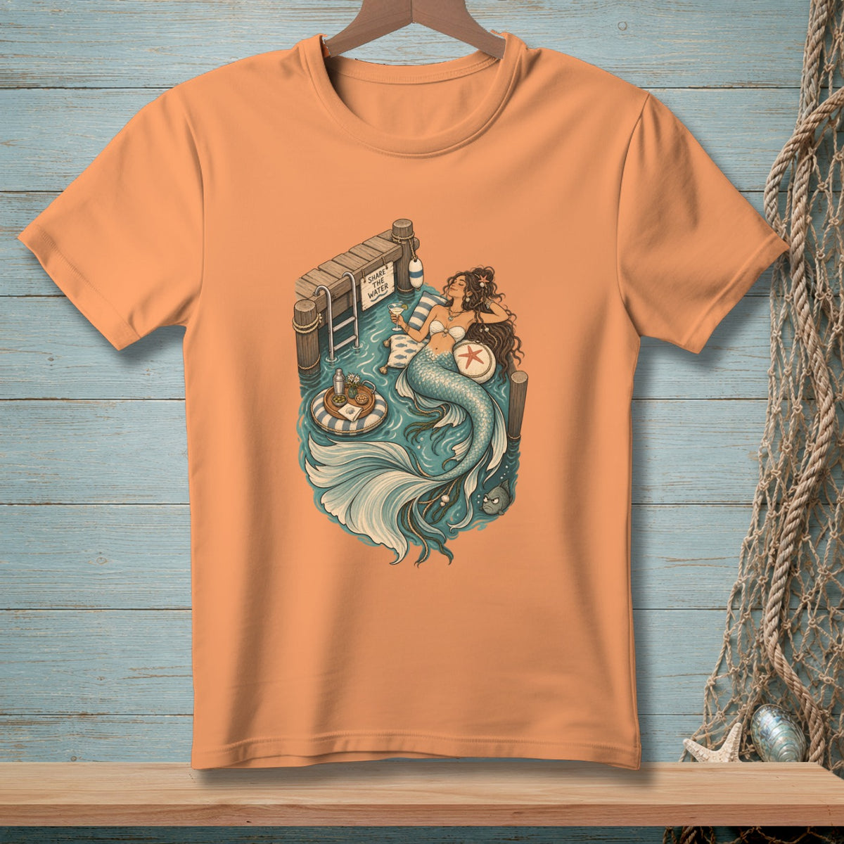 Illustration of mermaid relaxing on a pier with drink, text reads "Share the Water".