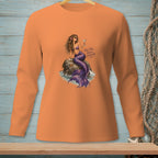 Orange long-sleeve shirt with a mermaid graphic holding a drink and text.