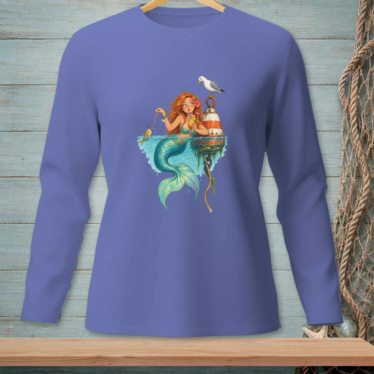 Mermaid with fish, cocktail, and seagull on a buoy.