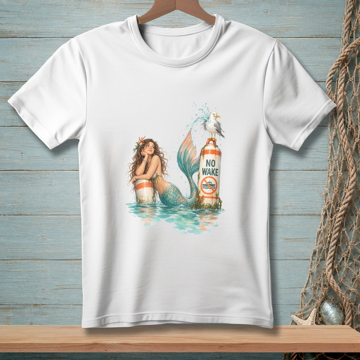 Mermaid and seagull on a "No Wake" buoy in the water.