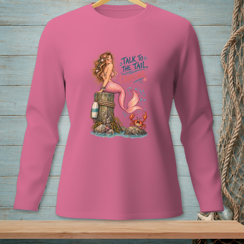 Pink long sleeve shirt with a mermaid, crab, and text "Talk to the tail, crab."