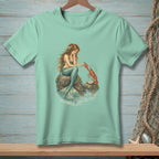 Mermaid sitting on a rock, reaching for a lobster and pearl.