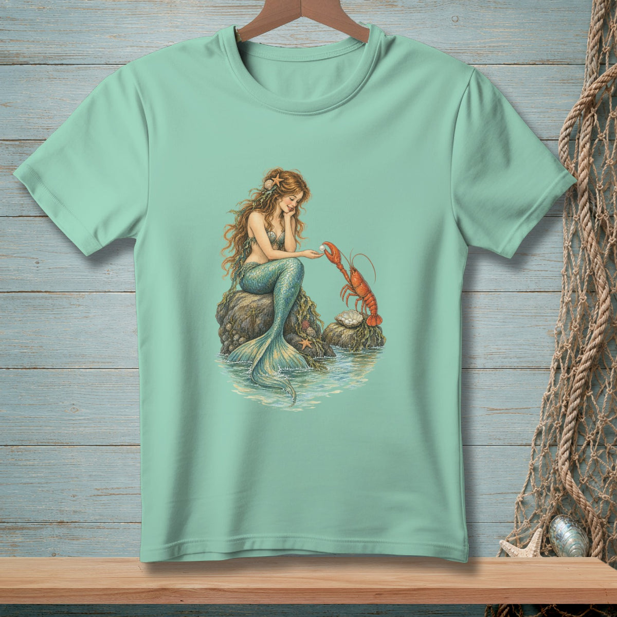 Mermaid sitting on a rock, reaching for a lobster and pearl.