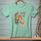 Mermaid with lobster and text "Keep your claws on."