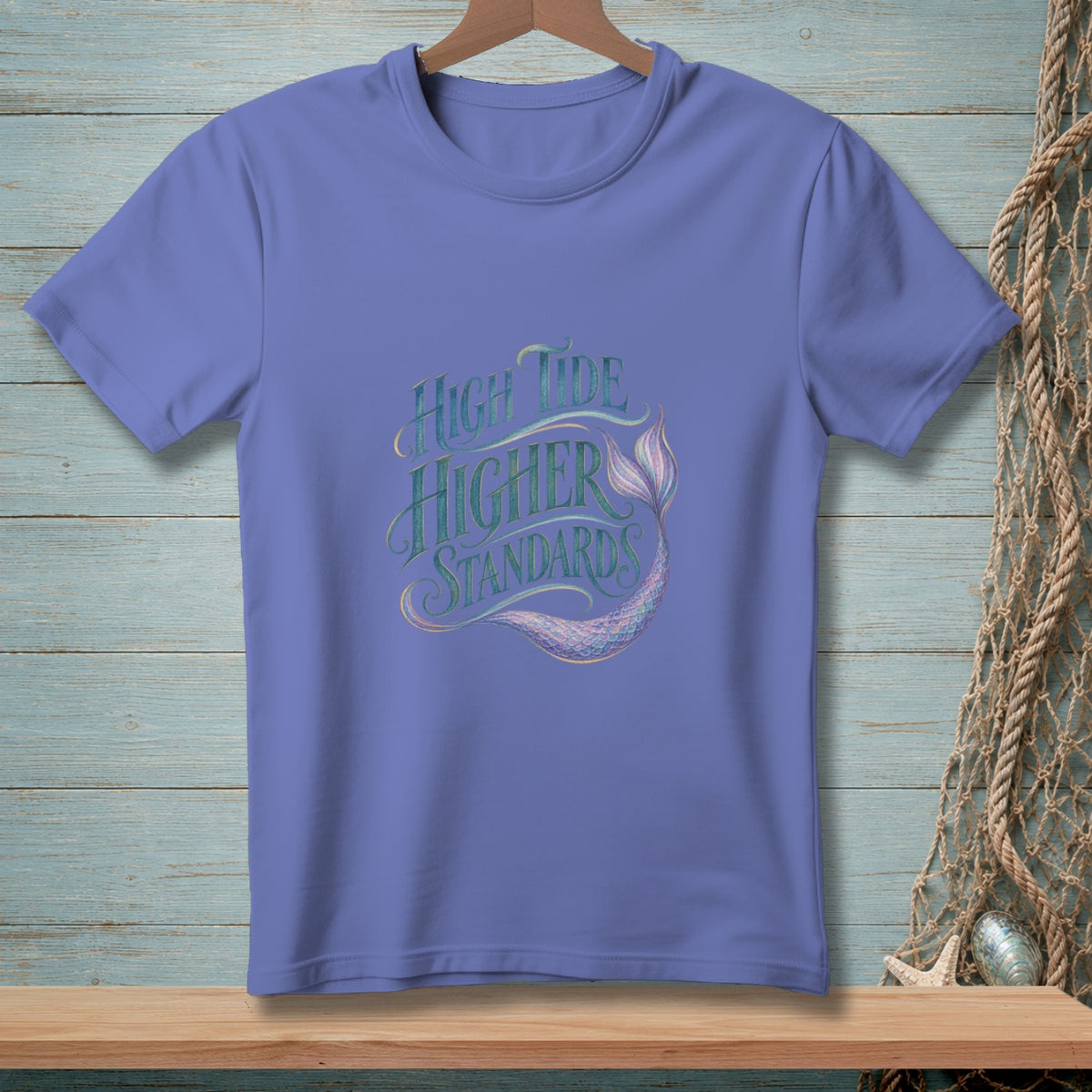 Purple t-shirt with "High Tide Higher Standards" text and a mermaid tail.