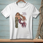 White t-shirt with a mermaid tangled with an octopus and the text "You got yourself into this."