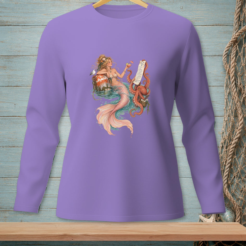 Mermaid with octopus, bird, and cocktail on a buoy, with a scroll.