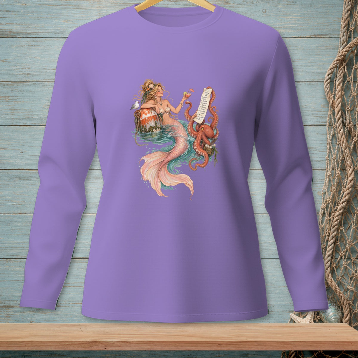 Mermaid with octopus, bird, and cocktail on a buoy, with a scroll.