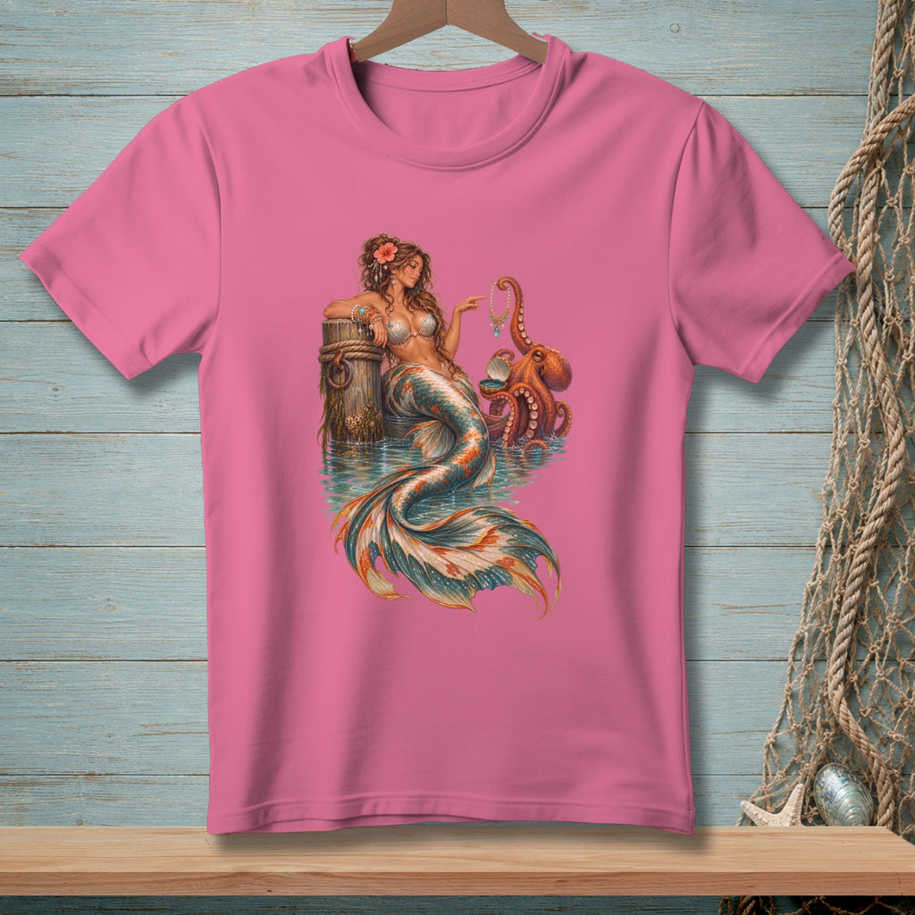 Pink t-shirt featuring a mermaid with an octopus and a shell.