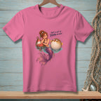 Mermaid with pufferfish and text "That's a lot of drama per inch".