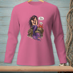 Pink long-sleeve shirt featuring a mermaid and crab with text bubbles.