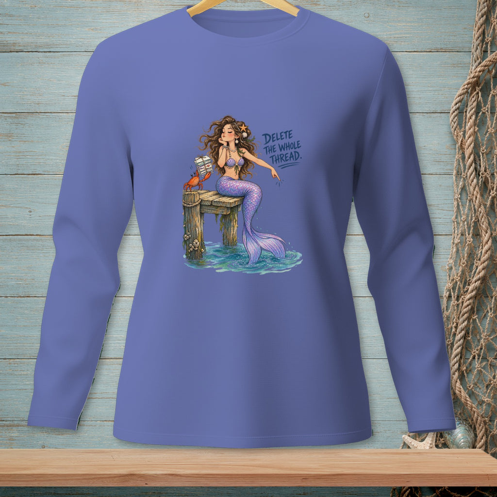 Mermaid on a dock with a crab and text "Delete the whole thread."