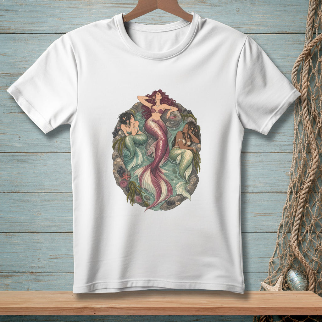 White t-shirt with a graphic of three mermaids resting in an oval pool.