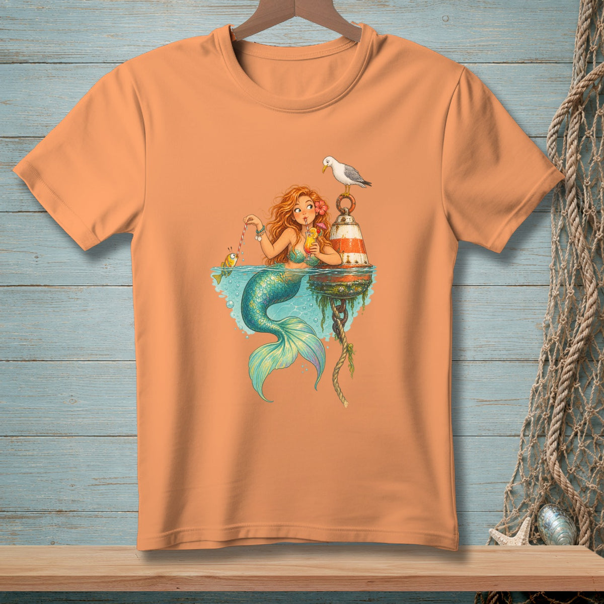 Mermaid with fish and seagull on a buoy, holding a drink.