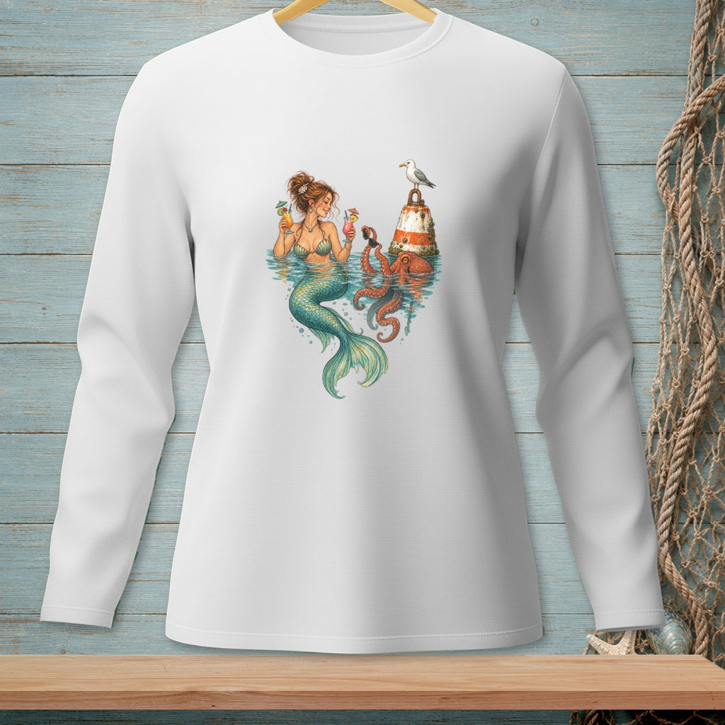 White long-sleeve shirt with a graphic of a mermaid, octopus, lighthouse, and seagull.