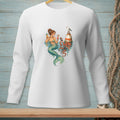 White long-sleeve shirt with a graphic of a mermaid, octopus, lighthouse, and seagull.
