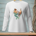 White long-sleeve shirt with a graphic of a mermaid, octopus, lighthouse, and seagull.