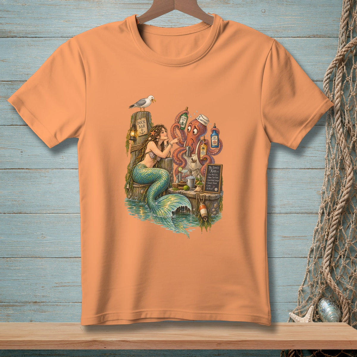 Mermaid and octopus bartender at a dock bar, serving drinks with menu text.
