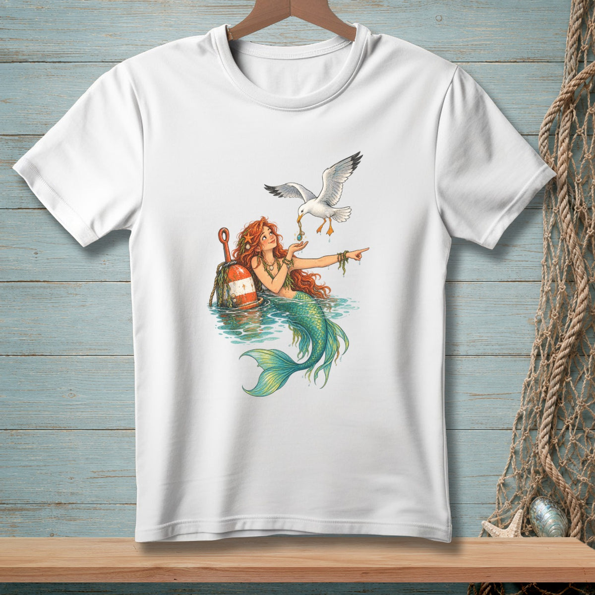 Mermaid with red hair and green tail interacting with a seagull near a buoy.