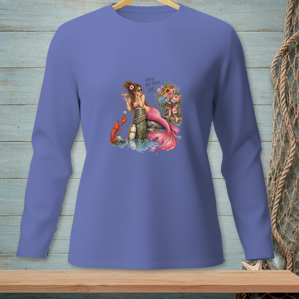 Mermaid with lobster and flowers, "We're Not There Yet" text.