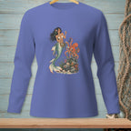 Mermaid holding seashell, octopus and underwater scene printed on a purple long-sleeve shirt.
