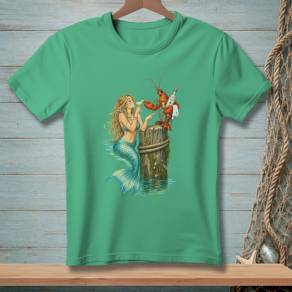 Mermaid and lobster with drinks at a dock post illustration on a green t-shirt.