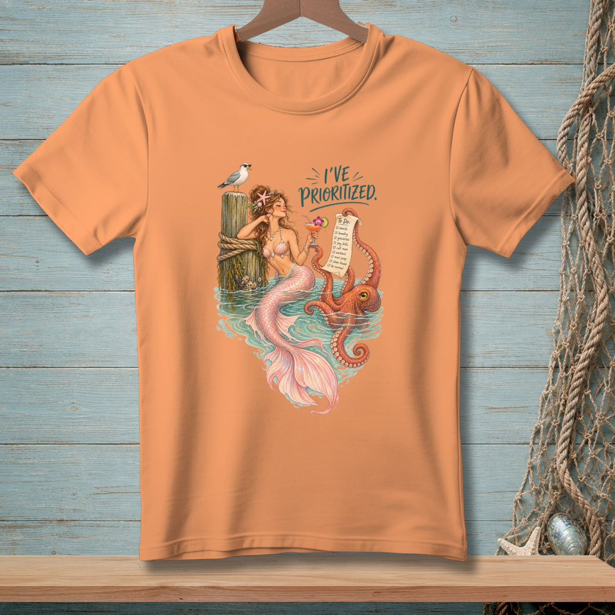 Mermaid with octopus and to-do list, text says "I've prioritized."
