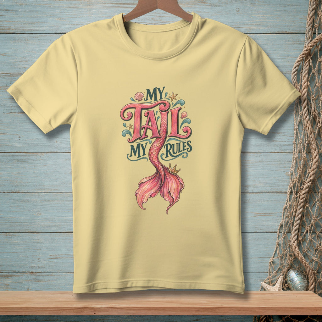 Yellow t-shirt with "My Tail My Rules" mermaid tail graphic.