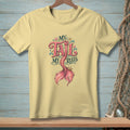 Yellow t-shirt with "My Tail My Rules" mermaid tail graphic.