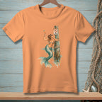 Mermaid with cocktail by post with "No Drinking" sign on peach t-shirt.