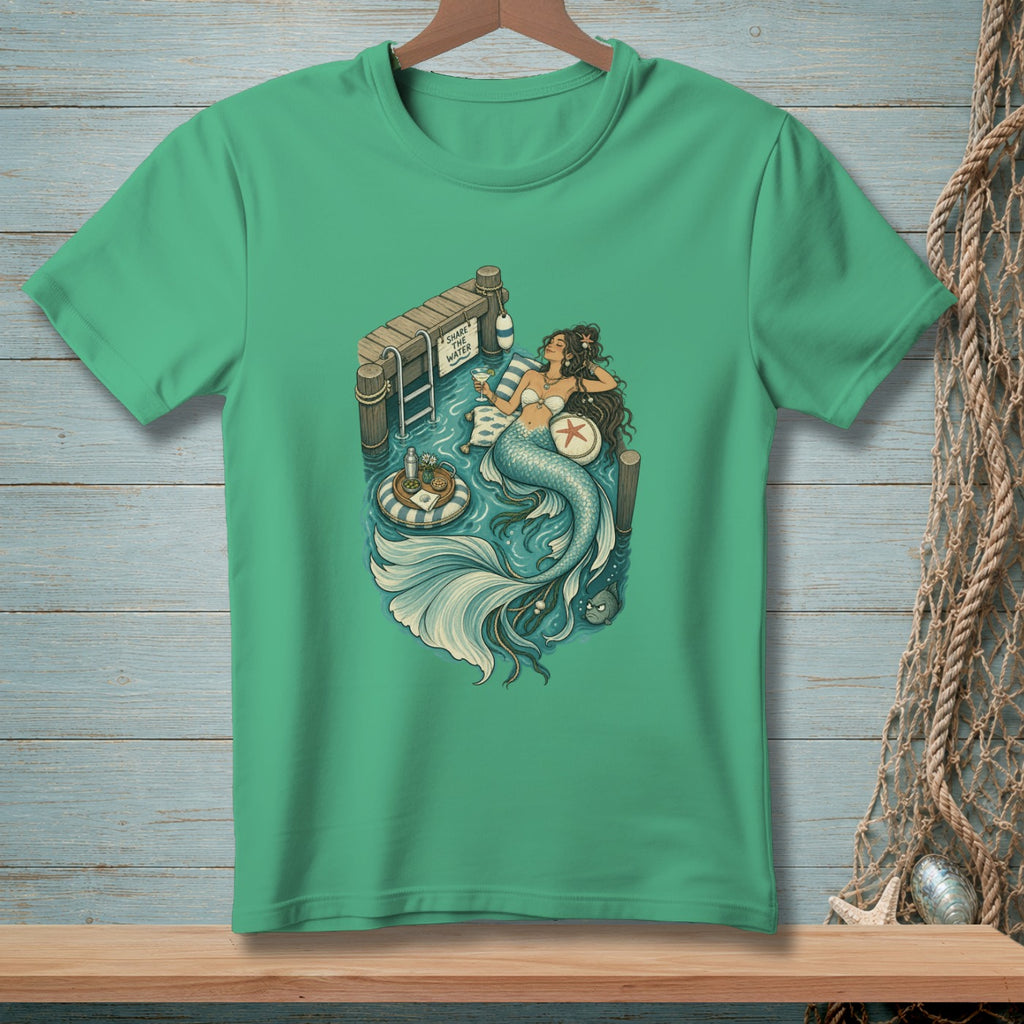 Mermaid lounging on a dock with a drink and a sign that reads "Sharks Use the Water".