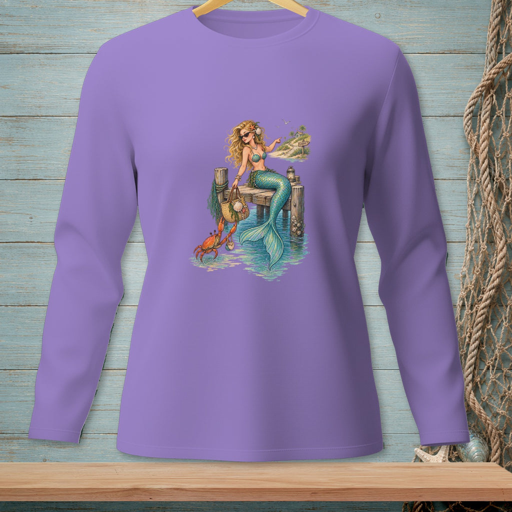 Purple long-sleeve shirt with a graphic of a mermaid and a crab on a dock.