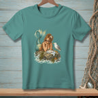 Illustration of a mermaid eating with a seagull on a rock.