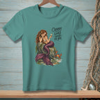 Mermaid holding a drink with a crab and text "Crabby Looks Good On You."