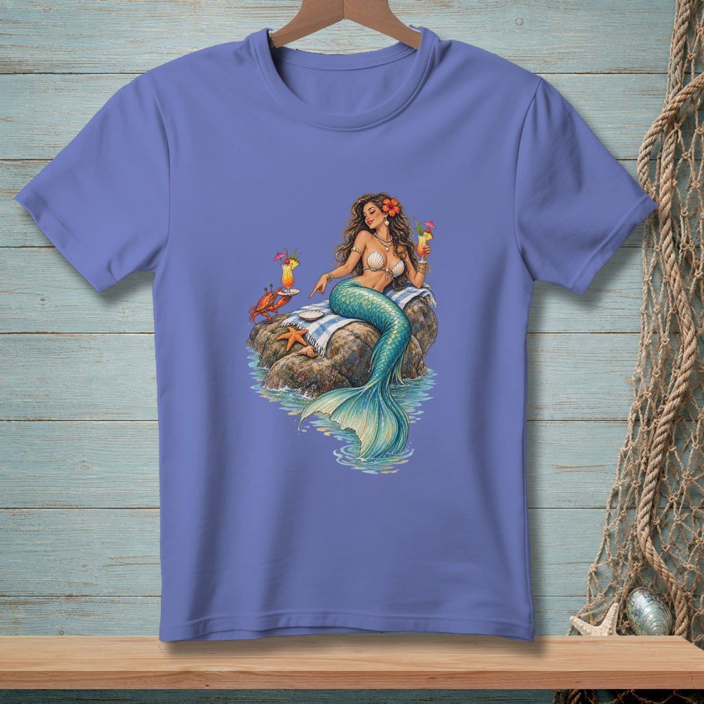 Mermaid on a rock with cocktails and a crab, printed on a purple t-shirt.