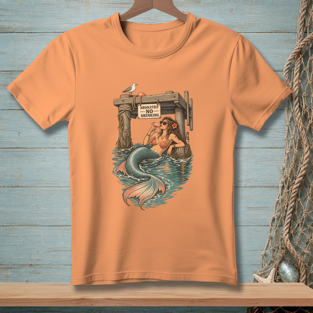 Illustration of a mermaid by a pier with a "Absolutely No Drinking" sign.