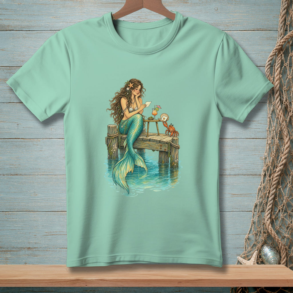 Mermaid sitting on dock reading, with crab and drink.