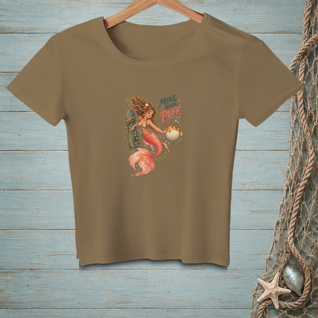 T-shirt with a graphic of a mermaid holding a pufferfish and the text "MOVE YOUR PUFF".
